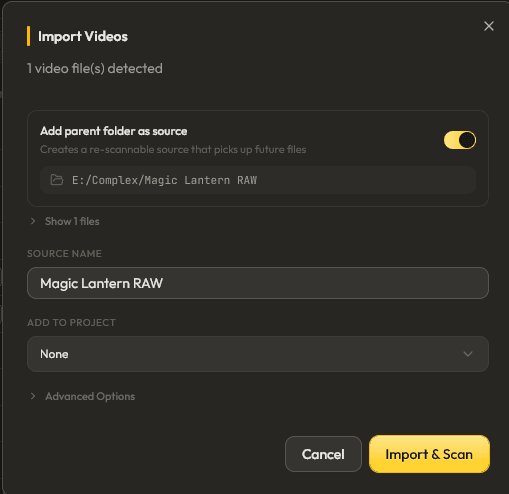 FrameQuery Import Videos dialog with Add parent folder as source enabled and an Import & Scan button.