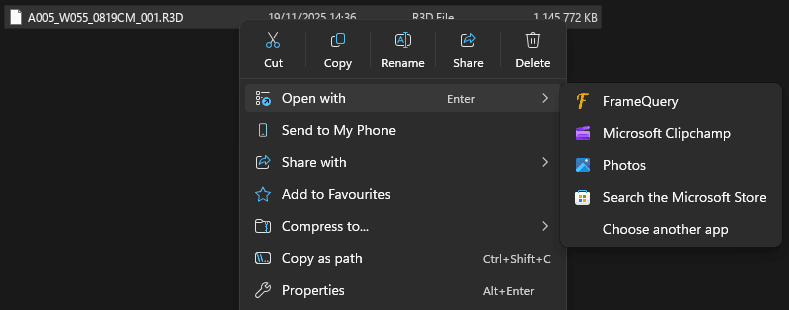Windows File Explorer with an R3D file selected and FrameQuery in the Open with menu.