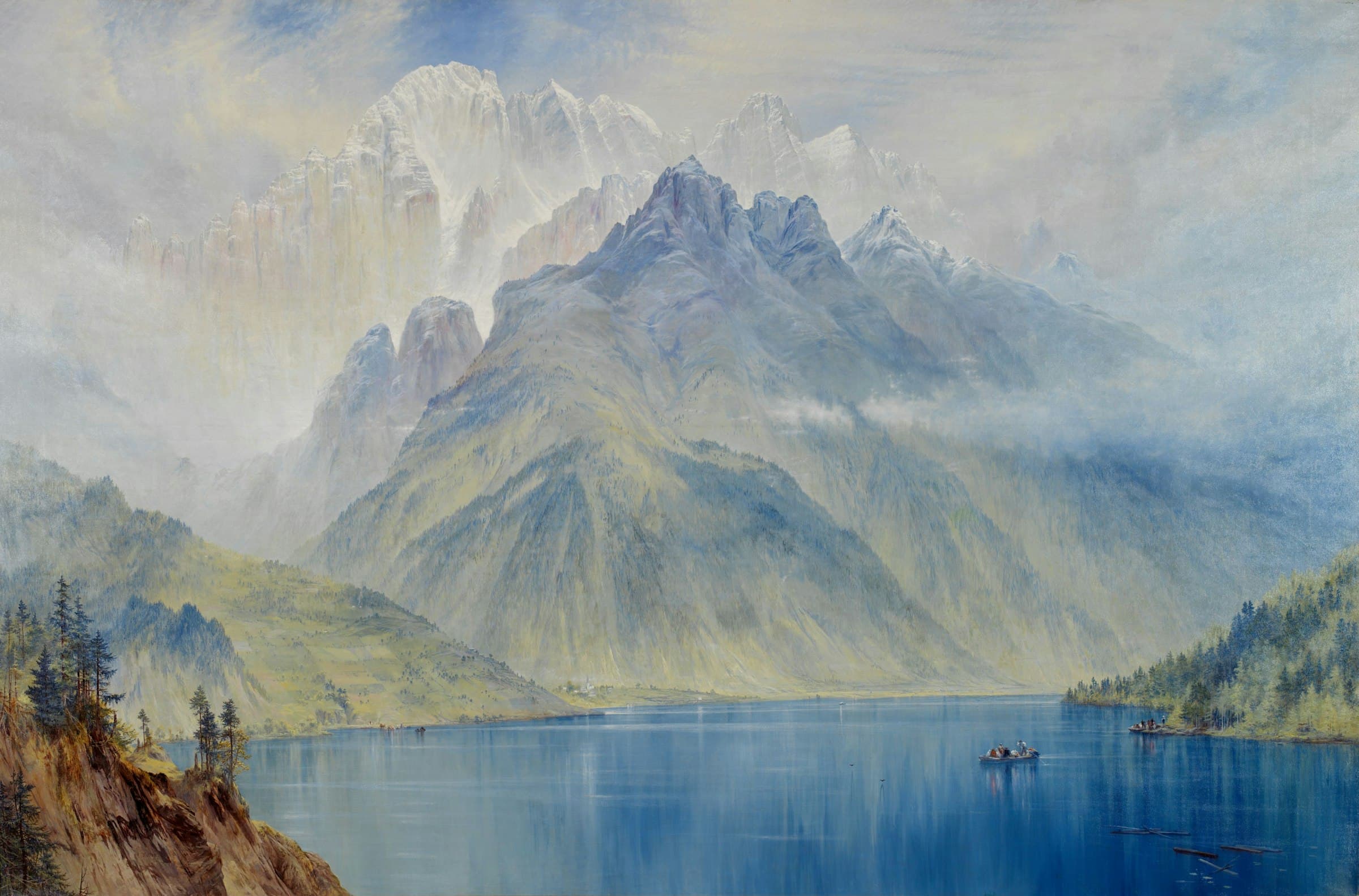 Watercolour of an alpine lake below snow-capped mountains