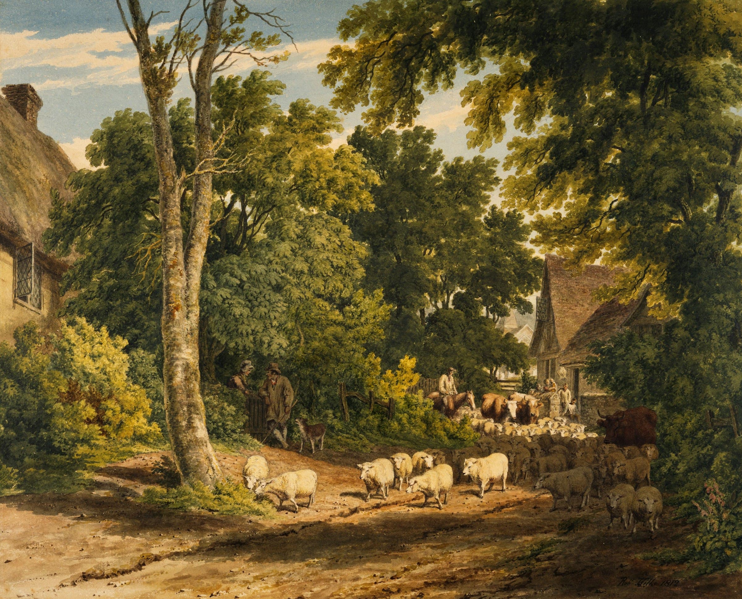 Landscape painting of a country lane with a flock of sheep passing a cottage