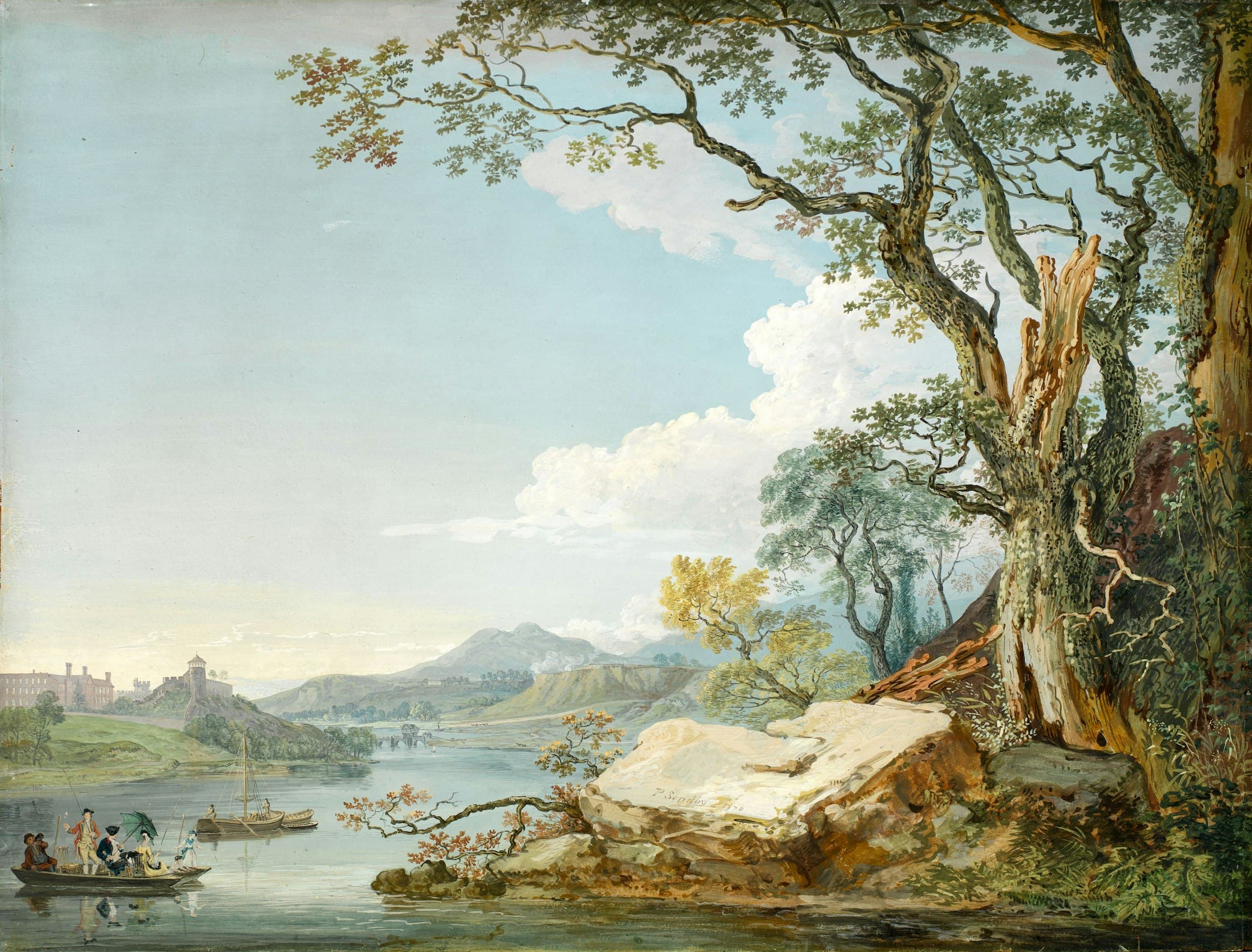 Landscape painting of a lake with boats beneath tall trees