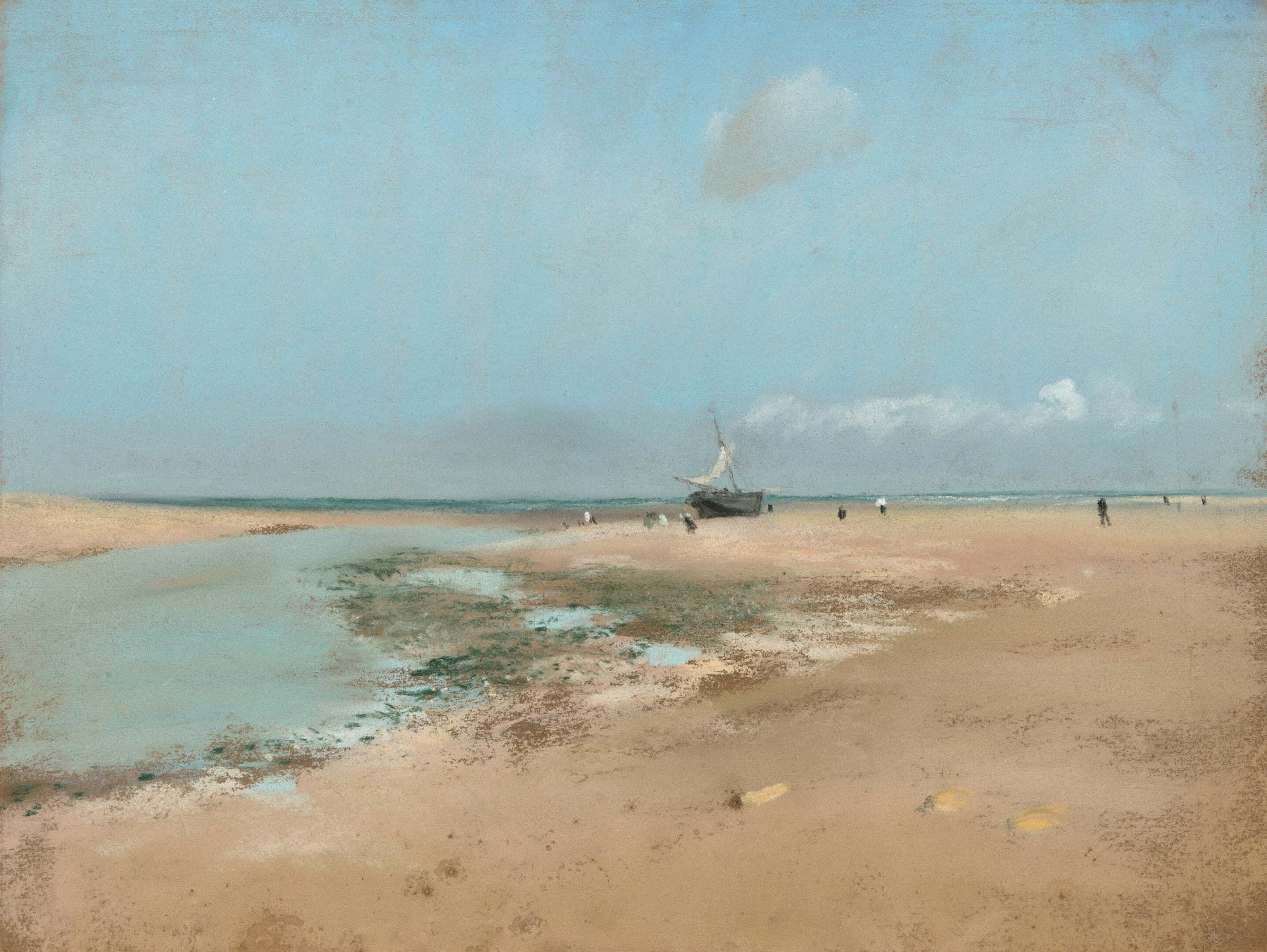 Watercolour of a wide, quiet shoreline at low tide